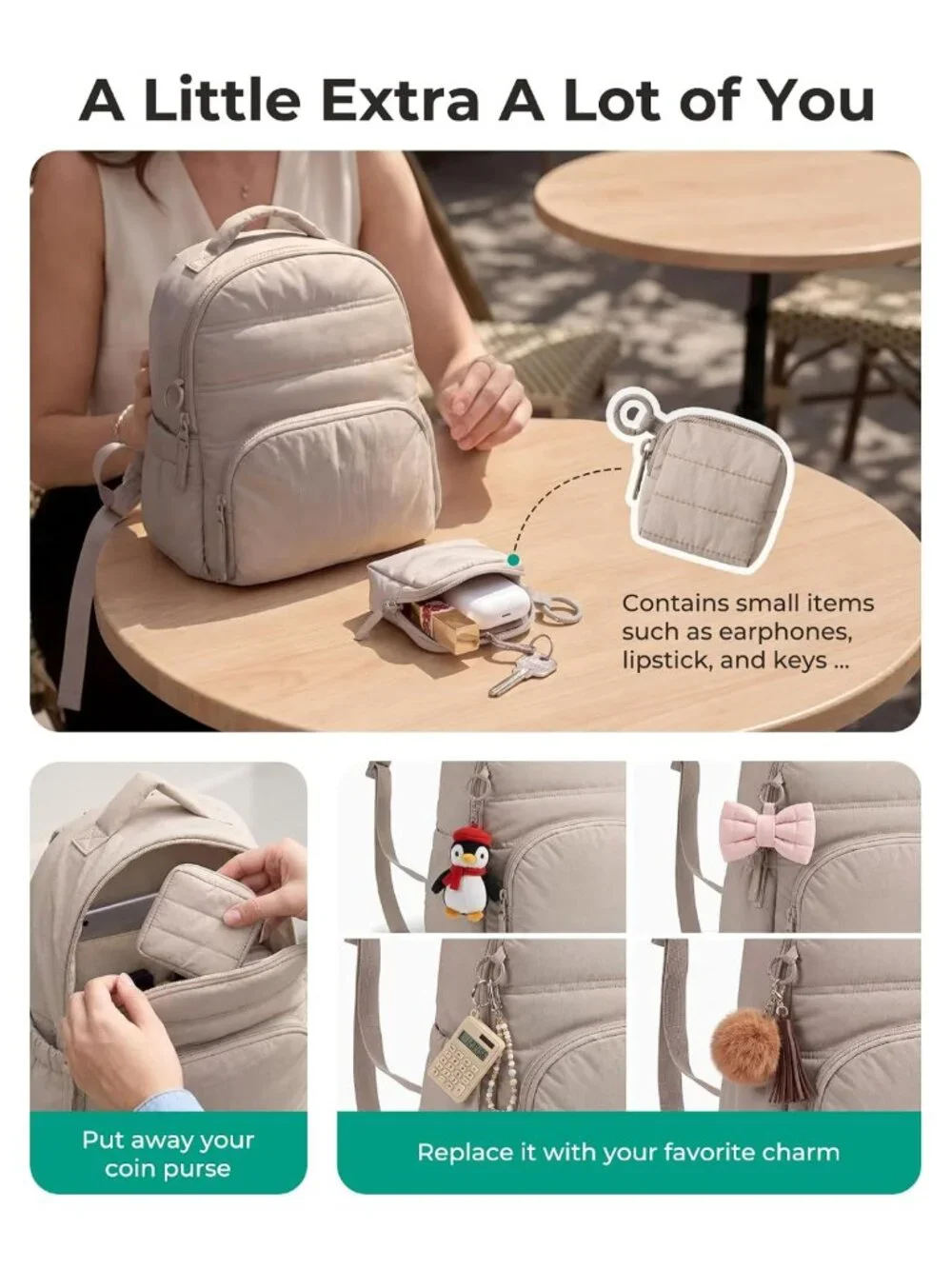 Puffer Mini Backpack Purse Set Lightweight Quilted Water Resistant Travel